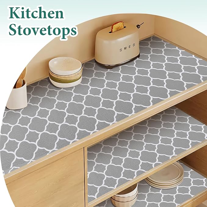 Shelf Liners for Kitchen Cabinets 17.3in x 30FT Non Adhesive Drawer Liner Gray Quatrefoil Thickened Shelf Liner Strong Non-Slip Easy to Clean for Tool Box Refrigerator with Knife and Tape Measure