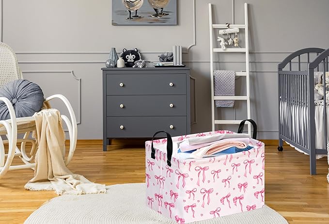 Rec Pink Bowknot Print Storage Box Clothes Hamper Basket Collapsible Organizer Bin Gift Shelf Baskets for Home and Kitchen Storage.