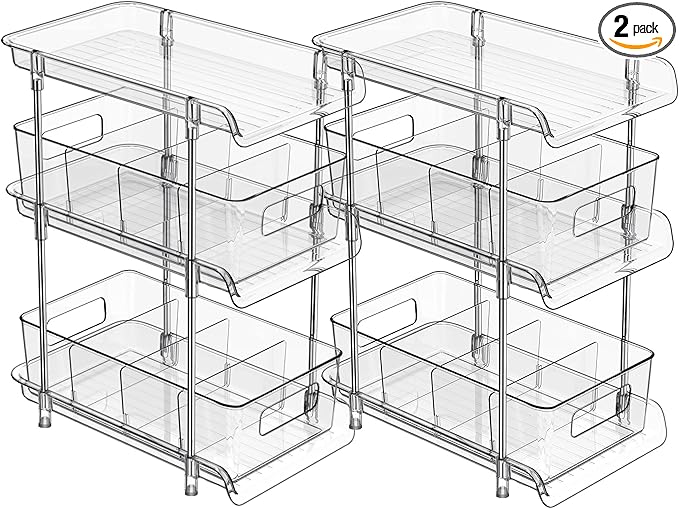 2Set 3 Tier Clear Bathroom Organizer with Dividers, Pull-Out Pantry Organization and Storage, Multi-Purpose Under Sink Organizers and Storage, Vanity Skincare Cosmetic Closet Organizer Medicine Bins