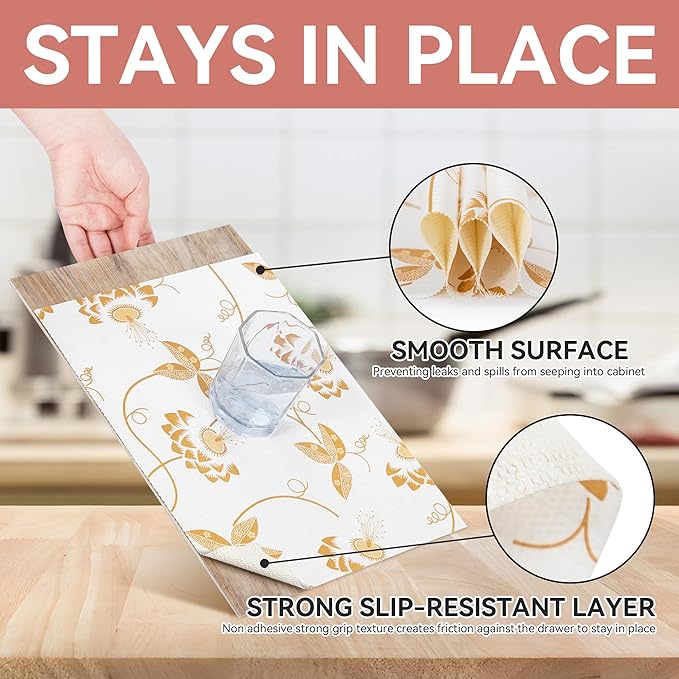 RAY STAR Shelf Liner, Non Adhesive Golden Leaves Floral Kitchen Cabinet Liner for Pantry Drawer Vanity, Strong Grip Non Slip, Shelf Liners for Kitchen Cabinets Cupboard 18 Inch x 8 FT (5 Rolls)