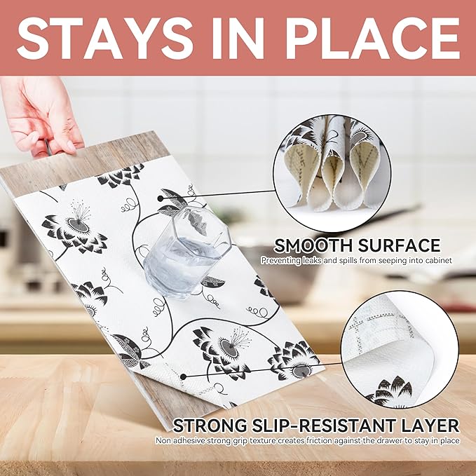 RAY STAR Shelf Liner, Non Adhesive Black Leaves Floral Cabinet Liner for Pantry Drawer, Non Slip, Shelf Liners for Kitchen Cabinets Cupboard 12 Inch x 10 FT (8 Rolls) Signature Delivery
