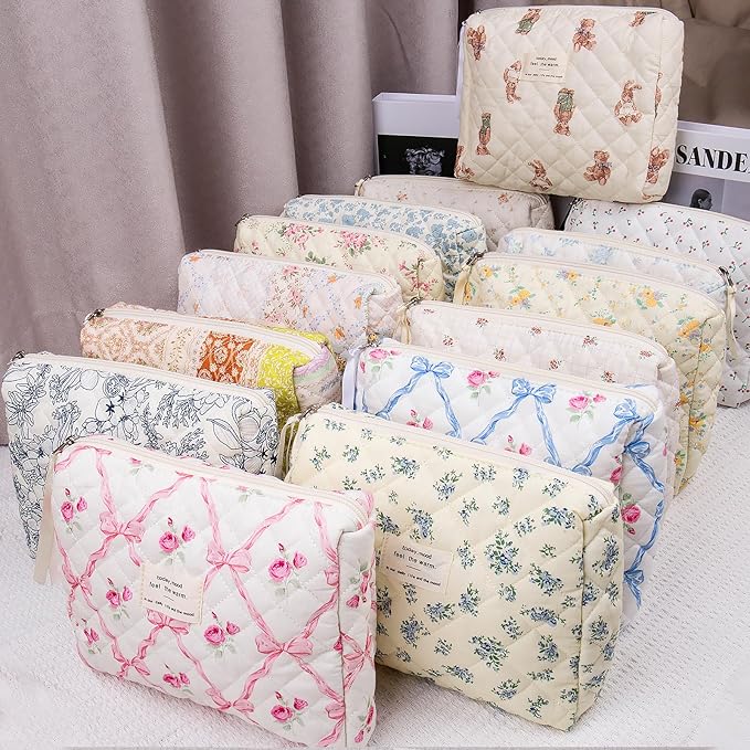 2PC Makeup Bag Set, Cute Cosmetic Bag for Women Girls, Floral Coquette Aesthetic Toiletry Bag, Travel Make Up Organizer Bag (Cat Print)