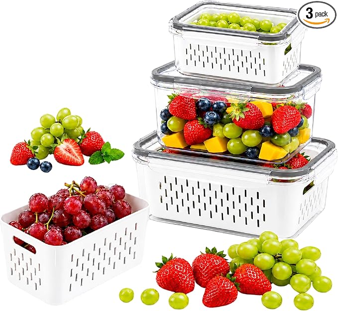 Fruit storage containers for fridge，with detachable drainer basket and airtight seal, stackable produce organizer, prolongs freshness of berries, greens, meats