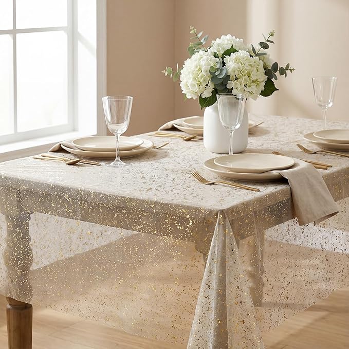 Horaldaily Apricot Gauze Tablecloth 60x120 Inch Rectangular, Golden Sequin Glitter Metallic Foil, Sheer Tulle Cheesecloth for Wedding Baby Shower Ceremony Birthday