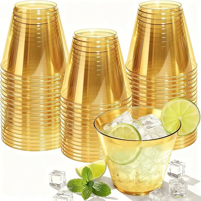 9 oz Clear Plastic Cups Glod Plastic Disposable Cups for Cocktail 50 Pack Fancy Cocktail Cup for Party Stemless Wine Glasses for Party Wedding Graduation Birthday