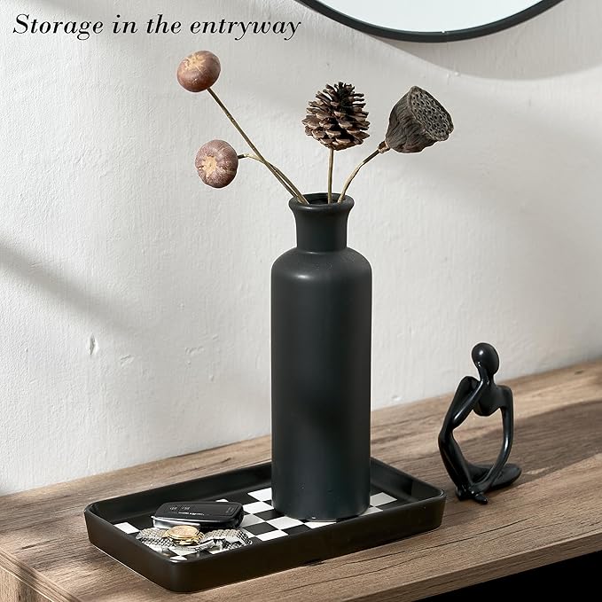 10"×6"×1" Texture Checkered Surface Bathroom Vanity Tray for Countertop- Ceramic Decorative Organizer Tray for Dresser Top, Toilet, Perfume, Sponge Holder Soap Dish Dispenser for Kitchen Counter