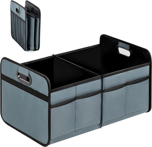 YSSOA Trunk Organizer for Car/SUV/Truck, Collapsible 2-Compartment Automotive Storage Box, 600D Waterproof Oxford Polyester 50L Travel Accessories, Anti-slip & Leak-proof, Gray-Green