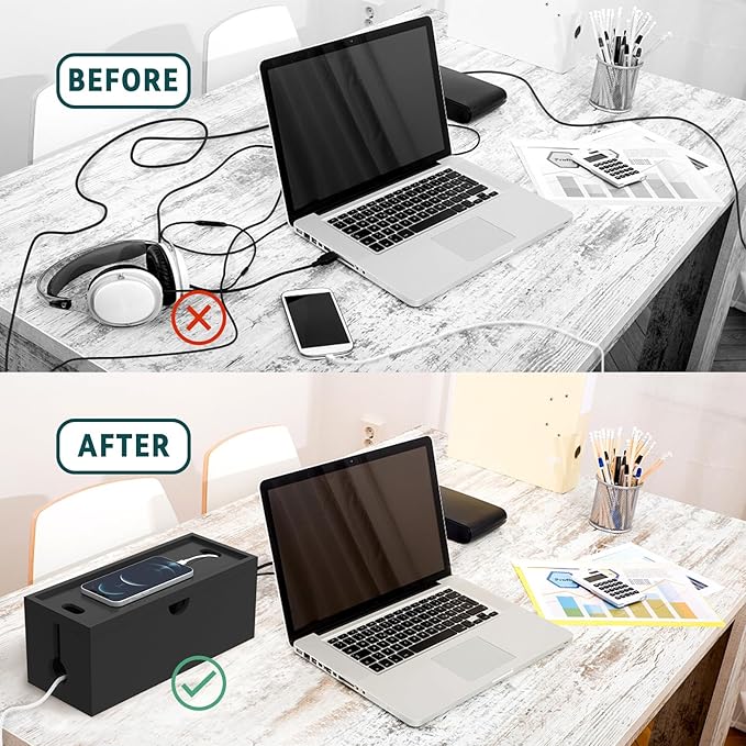 Bamboo Cable Management Box, Large Cord Organizer Box Cable Box to Hide Wires & Power Strips for Desktop Storage Cord Holder for Office Home, No Assembly Required (All Black, 1 Medium)