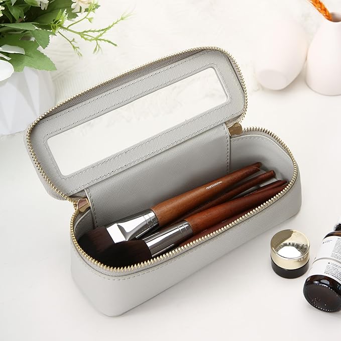 Aveniee Clear Makeup Brush Bag, Slim Brush Holder Cosmetic Case, Small Travel Toiletry Bag for Women, Thin Make up Bags with Zippers, Cute Travel Essentials Srorage Bag.Grey
