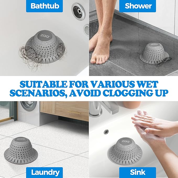 zaa Bathtub Drain Hair Catcher, Premium Silicone Shower Hair Catcher, 1 Pack Collapsible Hair Stopper for Pop-Up and Regular Drains of Showers, Bathtubs, Bathroom Sinks, Bathroom Fixture Accessories, Gray