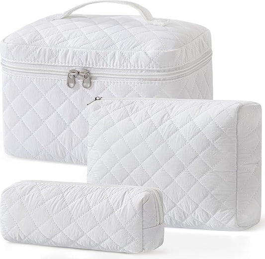HBselect Quilted Makeup Bag, 3PCS Cotton Large Travel Makeup Bag, Cute Floral Coquette Make up Bag Cosmetic Bag Toiletry Bag for Women Girls