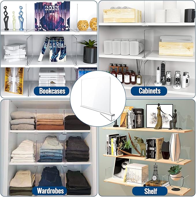 12 Pack Clear Acrylic Shelf Dividers for Closet Shelf Organizer in Bedroom, Kitchen, Office, and Bathroom for Clothes, Books, Hats, and Handbags