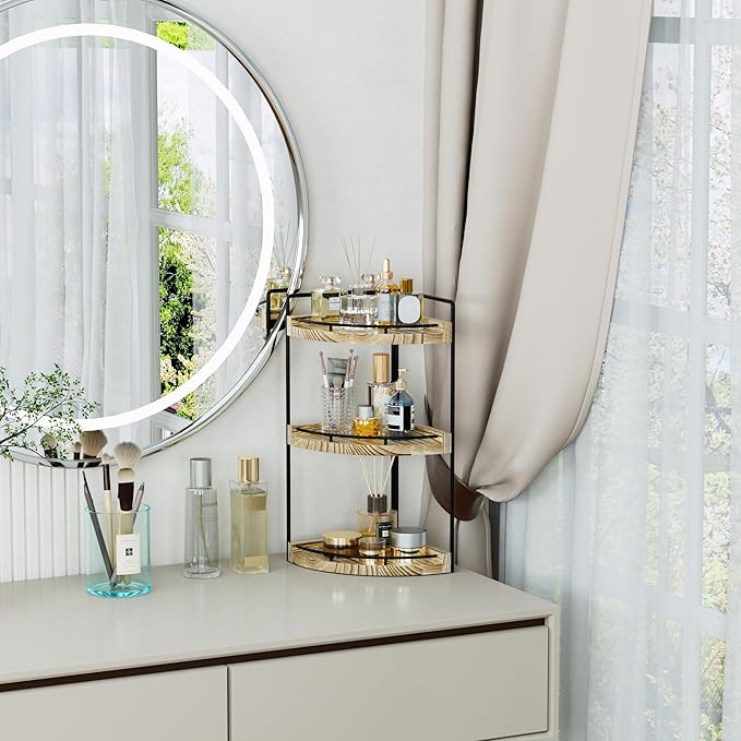 Corner Bathroom Counter Organizer, 3 Tier Bathroom Storage Countertop for Skincare, Sink Shelf for Kitchen Decor, Vanity, Dresser, Makeup, Gift(Rustic Brown)