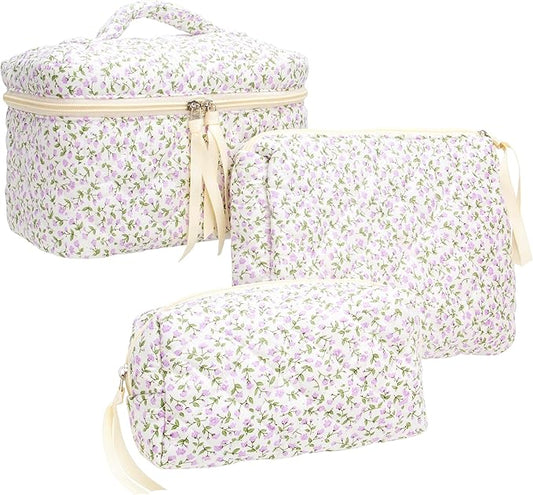 PAZIMIIK 3PCS Makeup Bag SET Large Travel Quilted Zipper Soft Cosmetic Case Pouch for Women Girls Make Up, Floral Purple