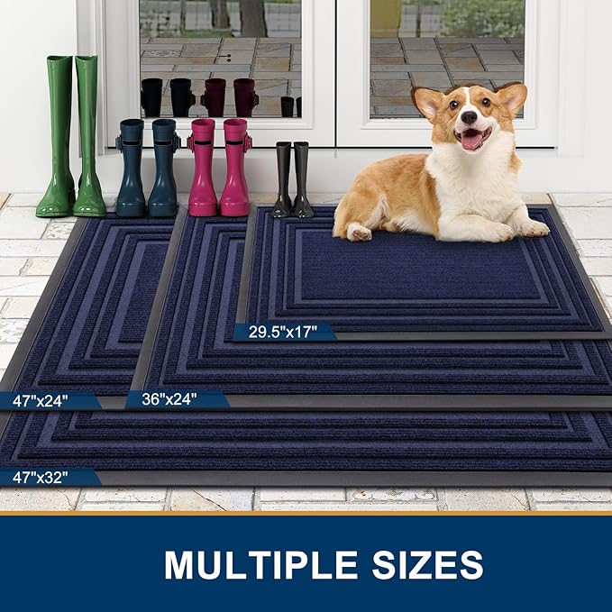 Buganda Front Door Mat Indoor Outdoor Entrance, Non-Slip Natural Rubber Doormats, Easy Clean, Low Profile, Dirt Trapper Entryway Floor Mats for Outside, Garages and Patios, 36x24, Navy
