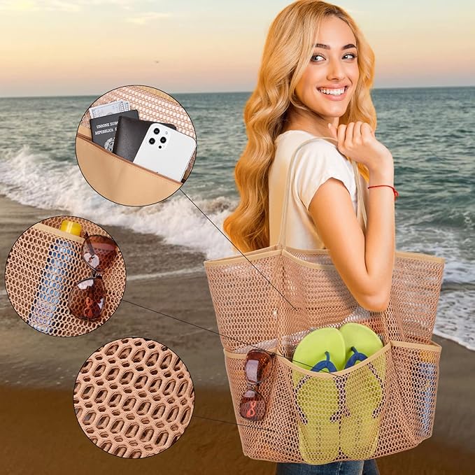 Tainehs Beach Mesh Tote Bag for Women, Large Travel & Pool Bag, Lightweight Vacation Cruise Tote (Inside Out – Flip to Use)