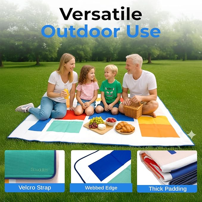 scuddles Extra Large Picnic Blanket – 79" x 59" Waterproof Outdoor Mat with 3-Layer Comfort Design, Easy Fold & Carry Strap for Beach, Camping, Hiking, Park & Family Fun