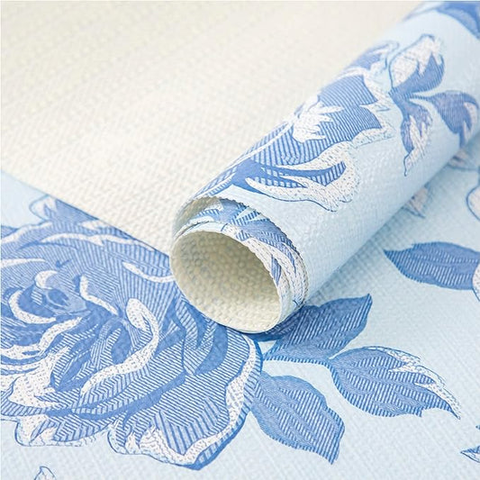FIFTY FEET 12X120 Inch Shelf Liner for Kitchen Cabinets, PVC Drawer Liner for Dresser Non-Slip Bathroom, Non-Adhesive Cabinet Liner Washable (Blue Flower)(3 Roll)