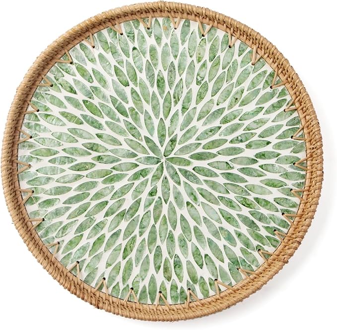 12" Large Rattan Serving Tray with Mother of Pearl, Decorative Coffee Table Trays for Home Decor, Large Wicker Woven Serving Tray Decor for Kitchen Counter,Living Room and Ottoman, Green