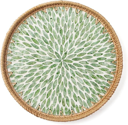 12" Large Rattan Serving Tray with Mother of Pearl, Decorative Coffee Table Trays for Home Decor, Large Wicker Woven Serving Tray Decor for Kitchen Counter,Living Room and Ottoman, Green