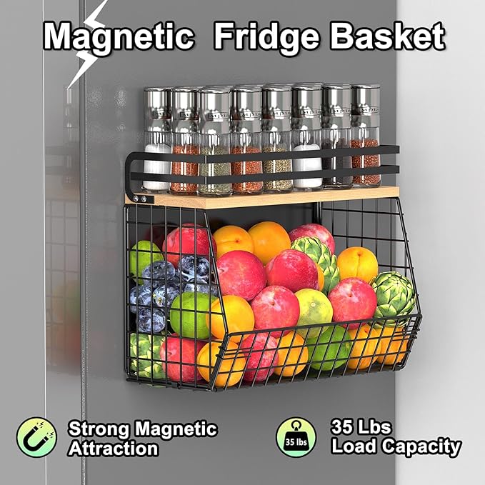 Magnetic Shelf for Fridge with Wood Lid, Fruit Potato & Onion Storage Bins, Magnetic Spice Rack for Refrigerator Pantry Organizer & Storage, Large Container for Refrigerator, Kitchen Counter & Laundry