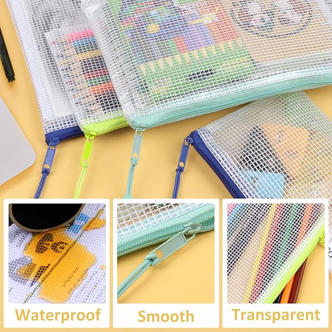 18PCS Mesh Zipper Pouch Bags, Zipper Bags for Office Supplies,9 Colors for Puzzles Board Game Storage, 8 Sizes for Reusable Plastic Zip Organizer for Travel