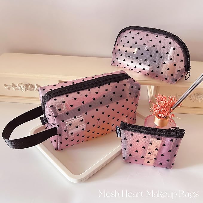 5 Pieces Mesh Heart Makeup Bags Sets, Zipper Mesh Cosmetic Bag Toiletry Bag, Travel Makeup Bags for Women, Small Items Storage Organizer Bags for Home Office Travel (Pink)