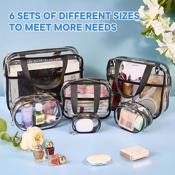 XEWEA Clear Travel Toiletry Bags & Small Electronic Accessories Organizer Case, 6 PCS TSA Approved Transparent Makeup Bag for Women Men, Waterproof PVC Quart Pouch with Zipper for Airline Essentials