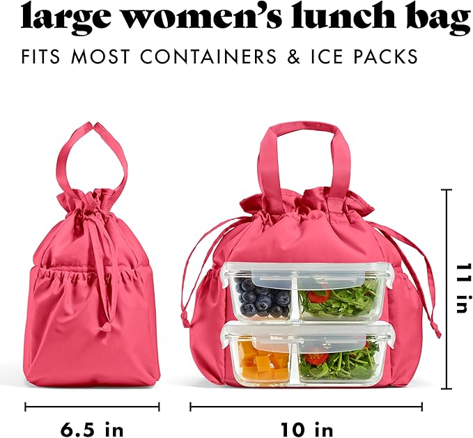 Fit & Fresh Cromwell Drawstring Lunch Bag for Women, Complete Lunch Set with 2 Containers, Stain-Resistant, Leak-Resistant, Back to School Essential, Teacher Lunchbox, Watermelon