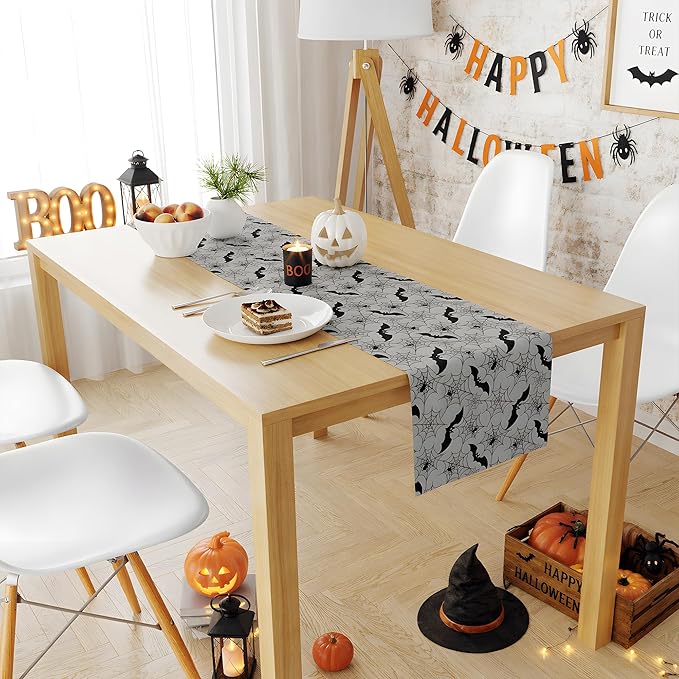 Halloween Decorations - Bats Spider Web Table Runner | Halloween Party Favors for Indoor Outdoor - Halloween Decor Supplies Backdrop Tablecloth for Home Office Kitchen