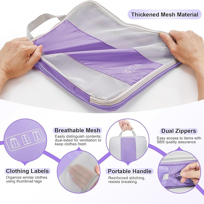 10 Set Compression Packing Cubes for Travel Essentials, Compressible Expandable Packing Cubes for Suitcase, OlarHike Luggage Organizer Bags for Travel, Handy Helper for Organizing Clothes (Light Purple)