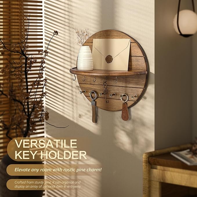 Rebee Vision Pine Wood Key Holder Wall Mount - Farmhouse Key and Mail Holder for Wall with Hooks and Decorative Wall Shelf - Perfect for Apartment Essentials in Your Home Decor (Yellow)