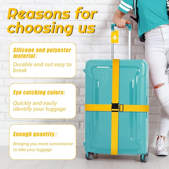 Weewooday 8 Pcs Luggage Straps Suitcase Tags Set for TSA Approved, 4 Travel Adjustable Suitcase Belt, 4 Silicone Luggage Tags with Name ID Card Travel Accessories(Yellow,Airplane)