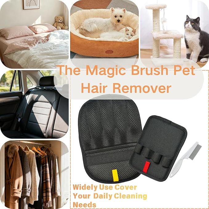3PCS Pet Hair Removal Gloves for Dogs & Cats, Five-Finger Reusable Electrostatic Magic Brush Clean Pet Hair 2 Pcs Gloves & 1 Comb, Pet Hair Remover Tool for Clothing, Couch, Carpet, Car Seat, Black