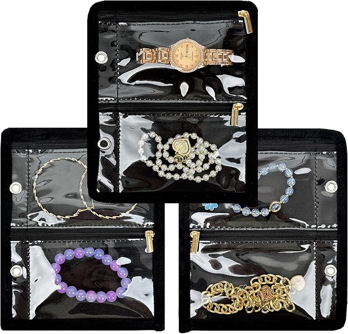 Travel Jewelry Organizer Case, Jewelry Bags for Traveling, Jewelry Binder with 24 Pcs Clear Zipper Velvet Pouches (Inner Pages, 3 PCS)