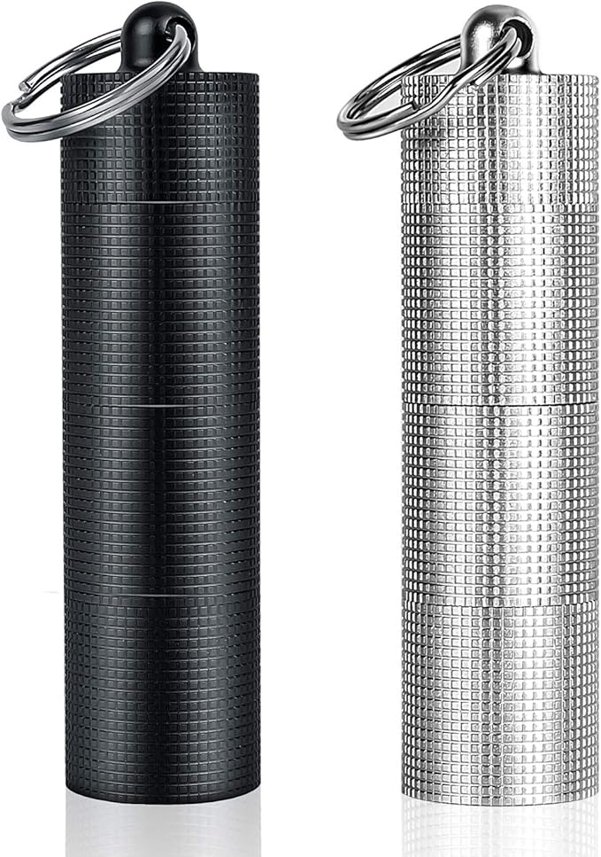 PPFISH 2 PCS Portable Daily Pill Case, 3 Compartments Aluminum Alloy Waterproof Pill Box Dispenser, Small Pocket Pill Container, Keychain Pill Fob, Travel Pill Holder for Men Women