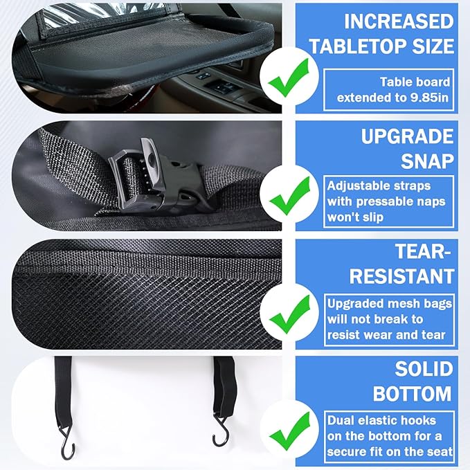 Backseat Car Organizer, Kick Mats Back Seat Protector with 8 Storage Pockets, Car Organizers and Storage with Car Food Tray Travel Accessories, 2 Pack