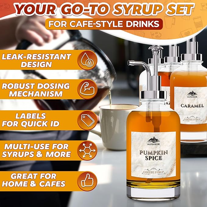 Set of 4 Glass Syrup Bottle with Pump 16.9oz 500 ml – Thick Glass Syrup Dispenser with 18 Marked Labels, Leak-Proof, Easy Cleaning – Coffee Bar Essentials for Home | Event Ready (Silver Pumps)