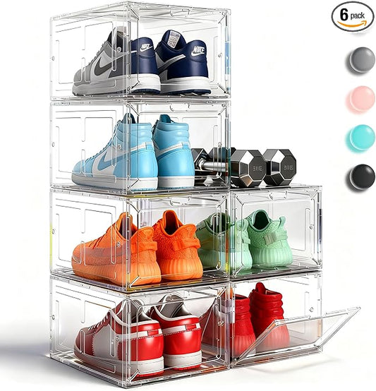 Thick & Sturdy Clear Shoe Boxes with Magnetic Front Door, Stackable Plastic Sneaker Storage Organizer for Closet, Space-Saving Foldable Shoe Containers for Boots & Heels, Durable Shoe Cabinet, 6 Pack