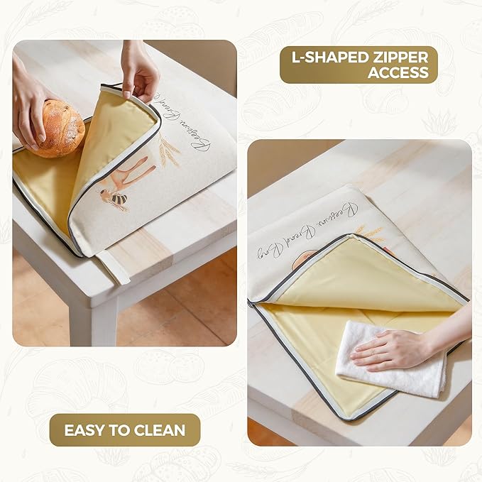 2 Packs Wide Zipper Access Beeswax Bread Bags for Homemade Bread,Linen Outer Lining and Pure Cotton Beeswax Inner Lining Moisture-proof Construction,Reusable XLBread Bag with Zip Keeps Fresh Longer