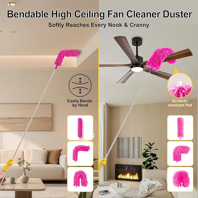 Tiumso 5-in-1 Duster with Extension Pole 100 inch Extendable Dusters for Cleaning Anti-Spin Reusable Dusting Kits for High Ceiling Fans, Cobwebs & Vents, Reinforced Stainless Steel Telescopic Handle