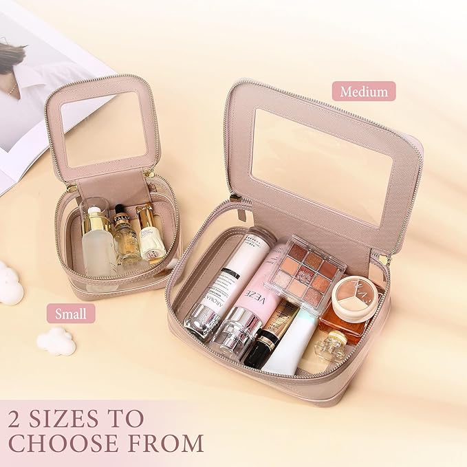 Pinkmik Clear Makeup Bag with Zipper Waterproof Travel Makeup Set for Cosmetics and Toiletries Women's Purse Organizer and Car Essentials (Pink, M+MINI-1)