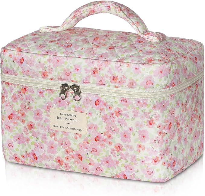 Gosect 1pc Large Makeup Bag, Cute Cosmetic Bag for Women Girls, Floral Coquette Aesthetic Toiletry Bag, Travel Makeup Organizer Bag (Pink Floral Print)
