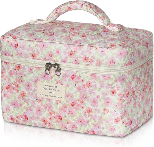 Gosect 1pc Large Makeup Bag, Cute Cosmetic Bag for Women Girls, Floral Coquette Aesthetic Toiletry Bag, Travel Makeup Organizer Bag (Pink Floral Print)