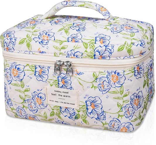 Gosect Large Makeup Bag, Cute Cosmetic Bag for Women Girls, Floral Coquette Aesthetic Toiletry Bag, Travel Make Up Organizer Bag (light blue)