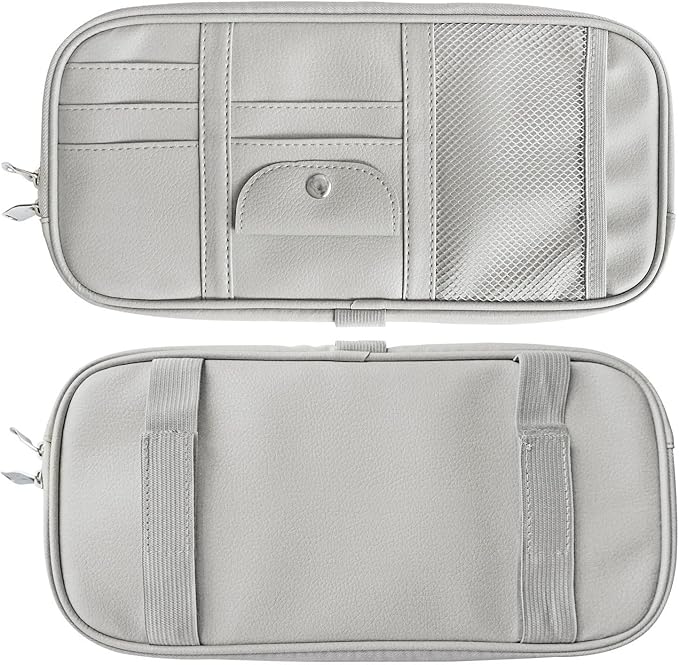 Da by Car Sun Visor Organizer, Multi-Pocket Visor Organizer Storage Pouch for Cars, SUVs & Trucks with Double Zippers, Elastic Bands & Glasses Clip - Organizes Essentials Keep Tidy (Cream Grey)