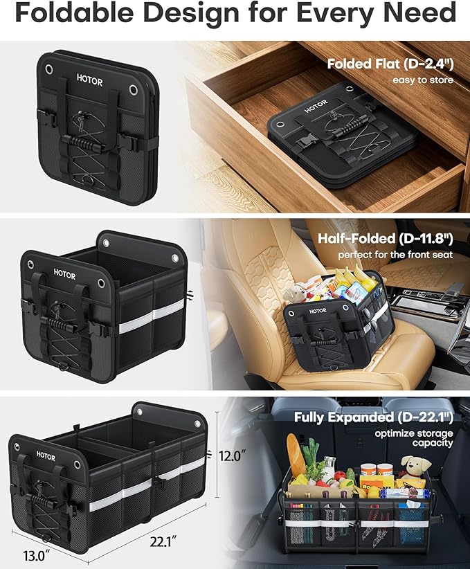 HOTOR Trunk Organizer for SUV – Car Storage Box with Reflective Strips, Collapsible Car Organizer with Large Capacity, Essential Car Accessories for Truck, Van & Sedan, Black, 22.1" x 13.0" x 12.0"