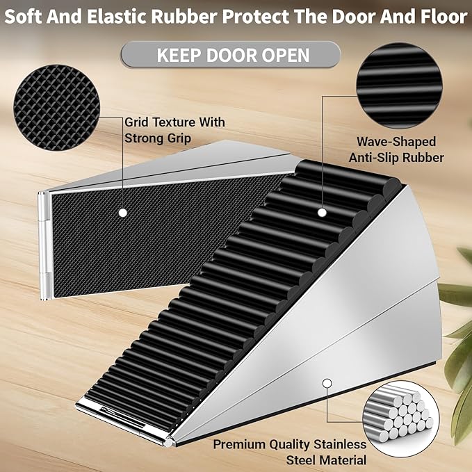 ZDZQJIA Heavy Duty Door Stoppers for Bottom of Door - Adjustable Spring Large Door Stop Wedge, Anti-Slip Rubber Grip,3" High Metal Doorstop Suits Carpet,Tile,Commercial,Home-Silver1Pc+1 Wall Protector