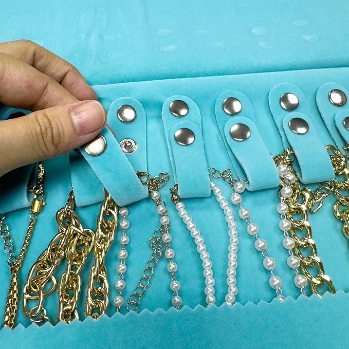 UnionPlus Velvet Travel Jewelry Roll Bag Organizer for Necklace, Elastic Band and Anti-winding, River Blue