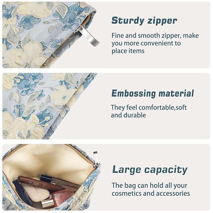 ZLFSRQ Flower Makeup Bag for Women Girls Travel Cute Floral Cosmetic Bags Large Cosmetic Pouch Purse with Zipper Portable Toiletry Bag Aesthetic Embossed Blue Beige Makeup Brushes Storage Organizer